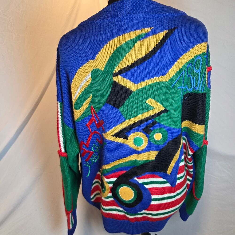 Vintage Kansai O2 Yamamoto Cardigan Sweater Large Abstract Graphic Knit 80s